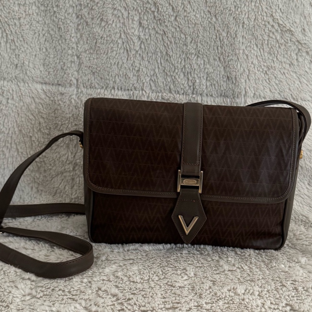Mario Valentino Vintage Italian Monogram Crossbody Bag Brown Leather Trim - EUC
